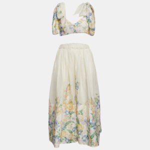 Zimmermann White Floral Print Linen Blend Top and Skirt Set M