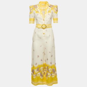 Zimmermann White/Yellow High Tide Linen Belted Jumpsuit S