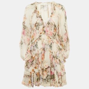 Zimmermann Beige Floral Print Silk Tiered Mini Dress S