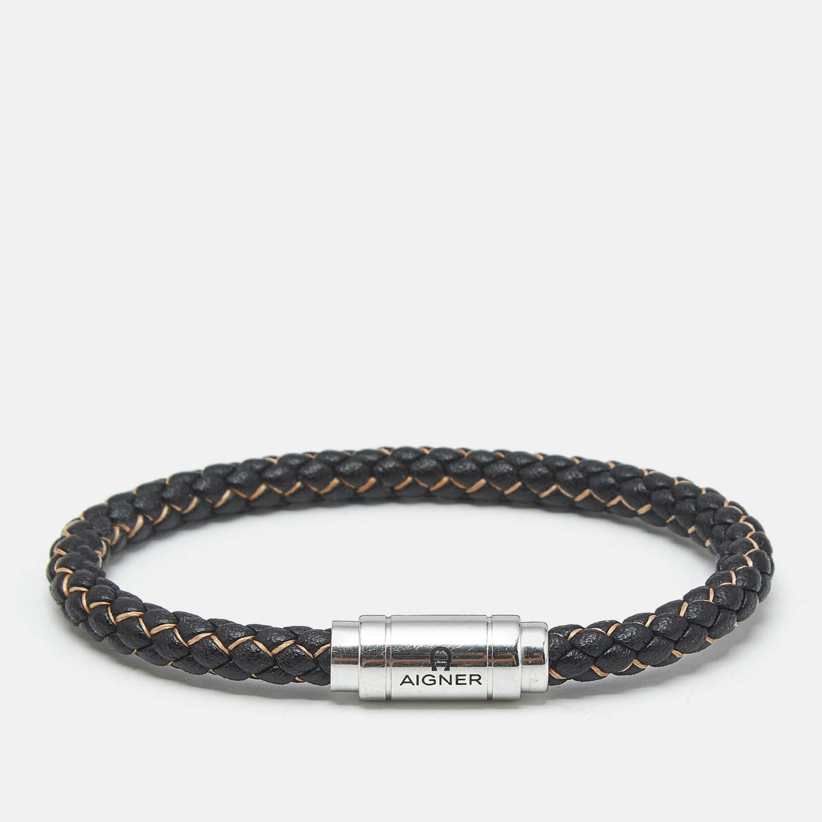 aigner braided leather silver tone bracelet