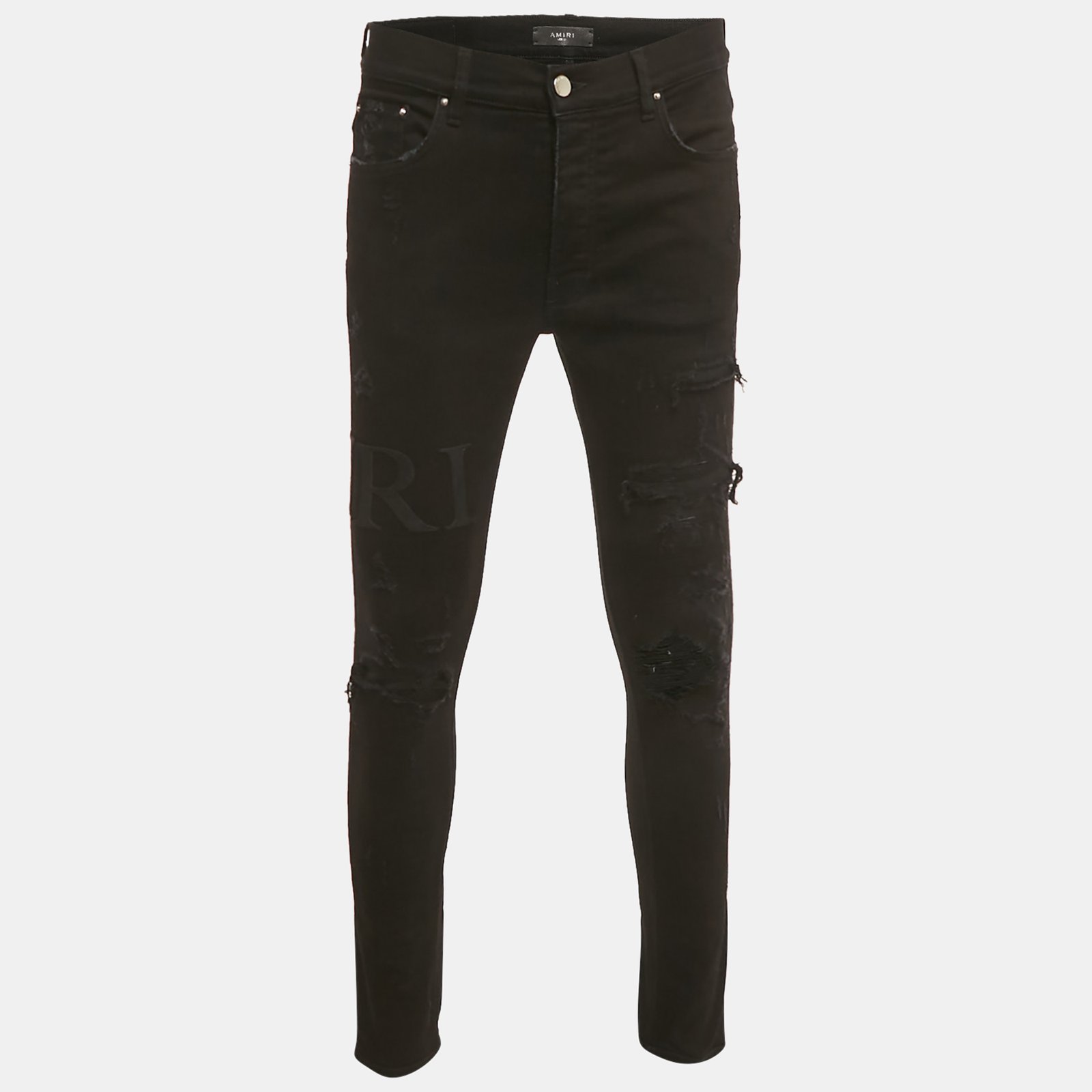 amiri black distressed denim logo applique detail jeans l waist 34"