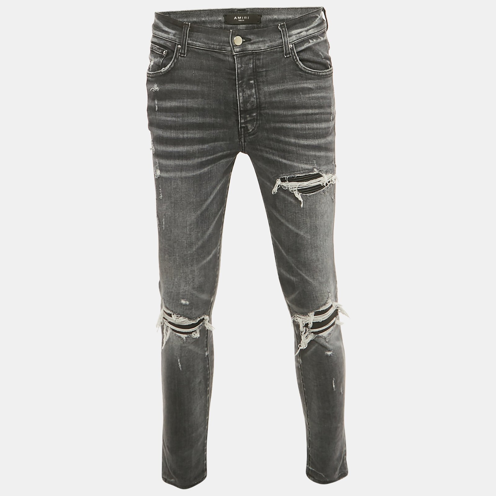 amiri grey denim distressed patch jeans m waist 32"