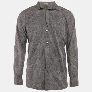 bottega veneta navy blue printed cotton long sleeve shirt l