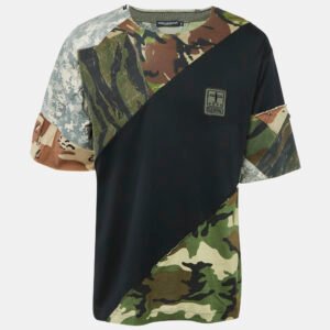 dolce & gabbana black/green camouflage denim and jersey patchwork t-shirt m
