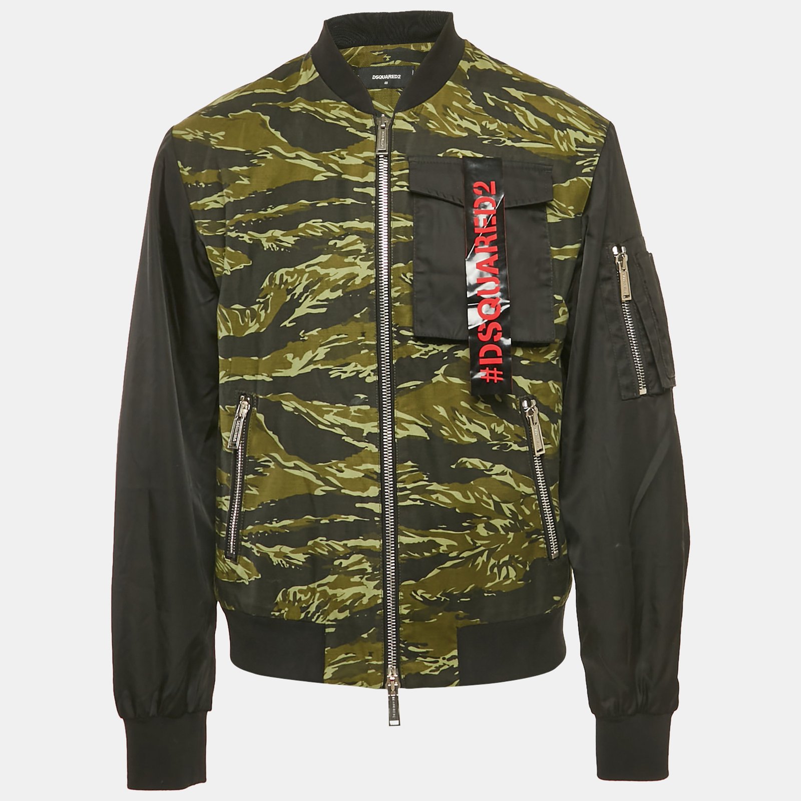 dsquared2 black/green camouflage print cotton & nylon bomber jacket m
