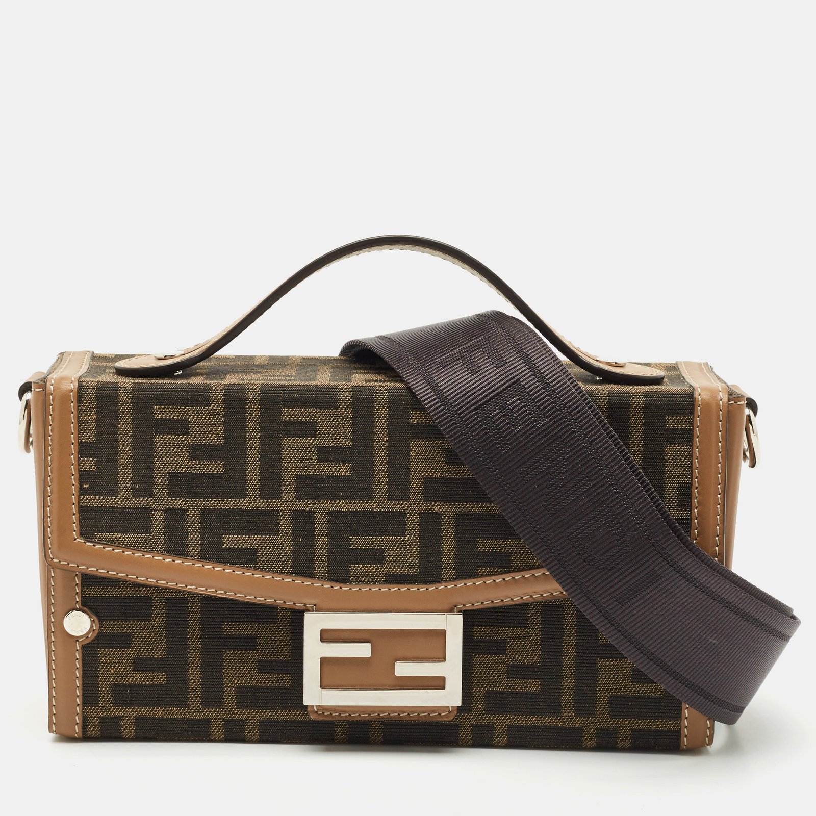 fendi brown zucca canvas and leather soft trunk baguette bag