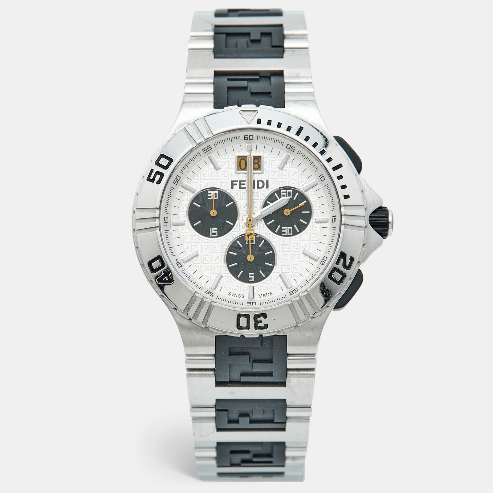 fendi silver dial two-tone stainless steel rubber 4800g chronograph men's wristwatch 43 mm