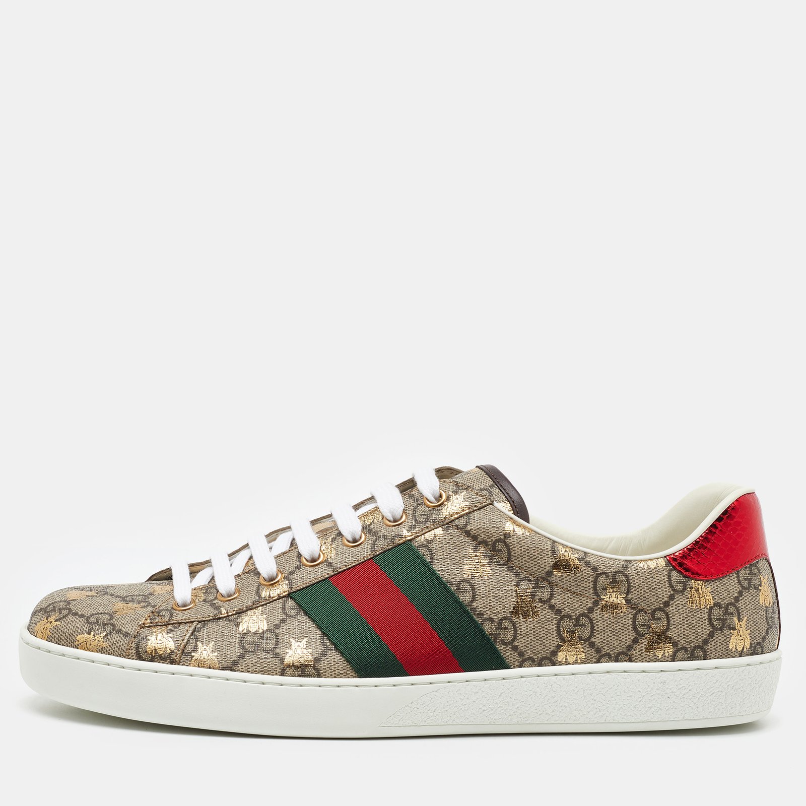 gucci beige/brown gg supreme canvas ace bee lace up sneakers size 45