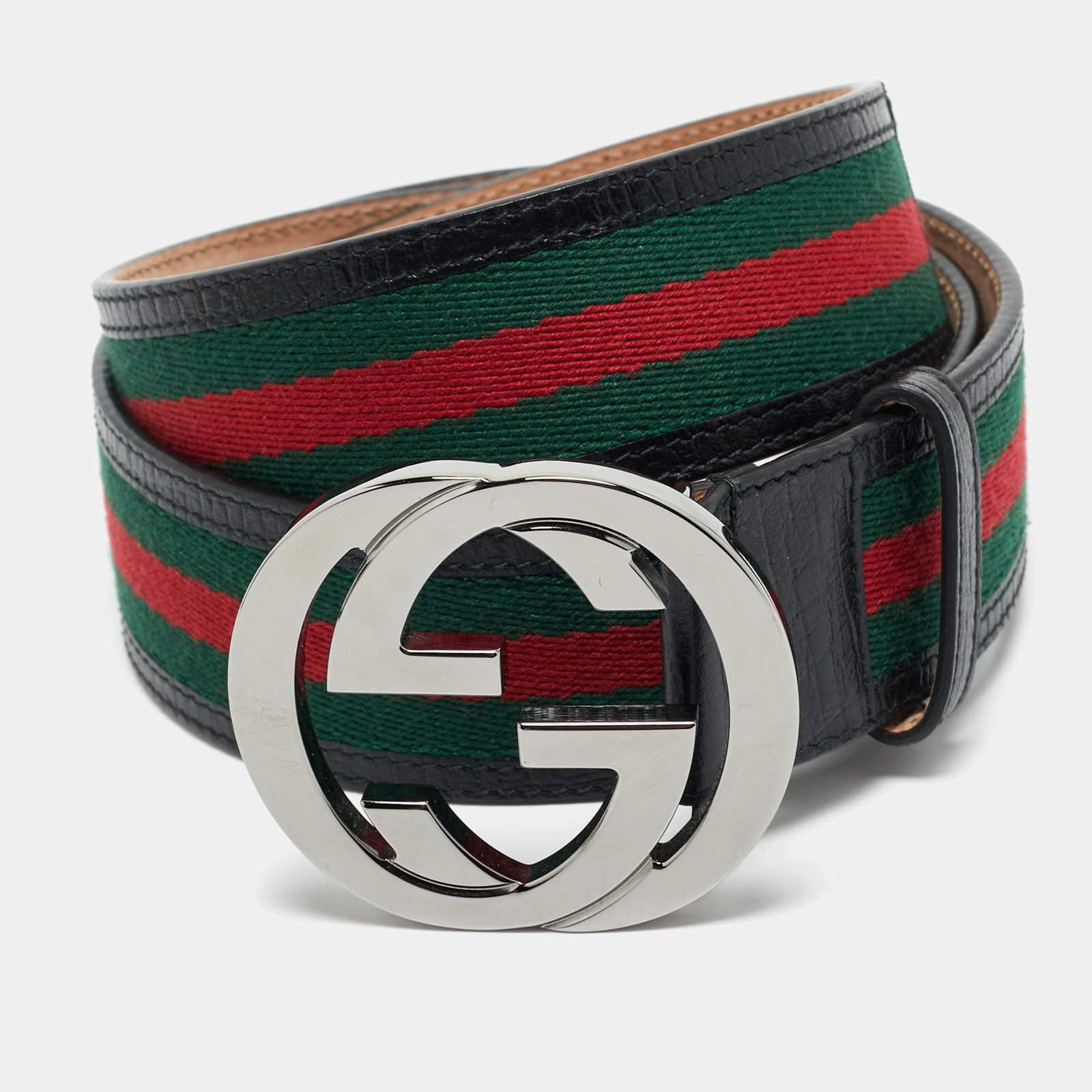 gucci black leather and web canvas interlocking g buckle belt 95 cm