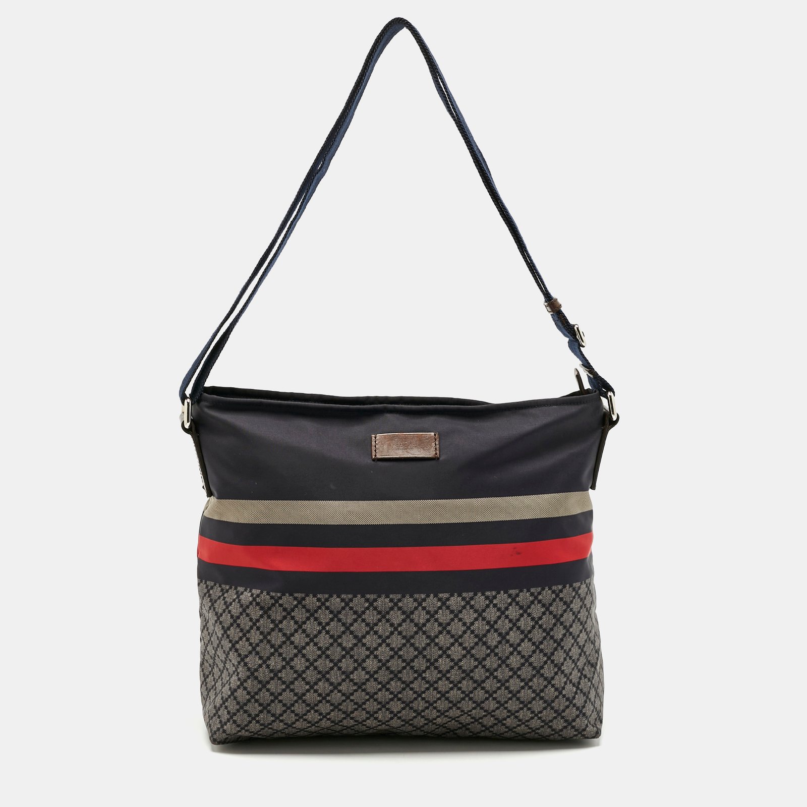 gucci navy blue diamante nylon web flat messenger bag