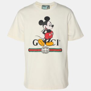 gucci x disney cream logo printed cotton crewneck oversized t-shirt xs