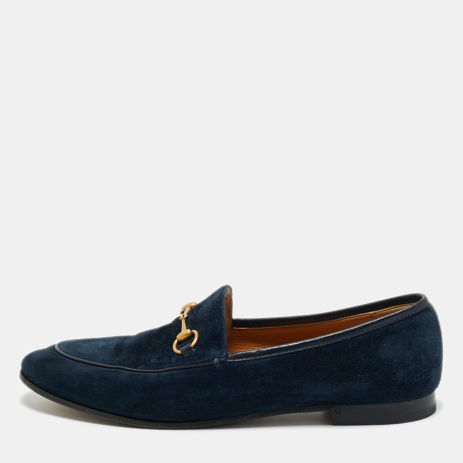 gucci blue leather and suede jordaan  horsebit loafers size 40