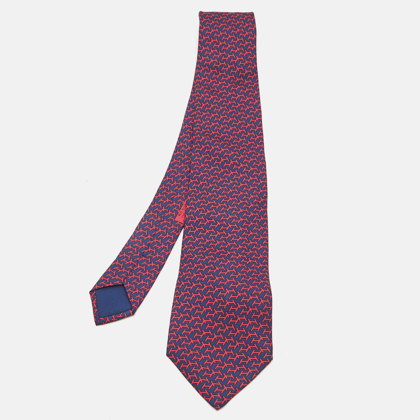 herm&egrave;s navy blue/red printed silk classic tie