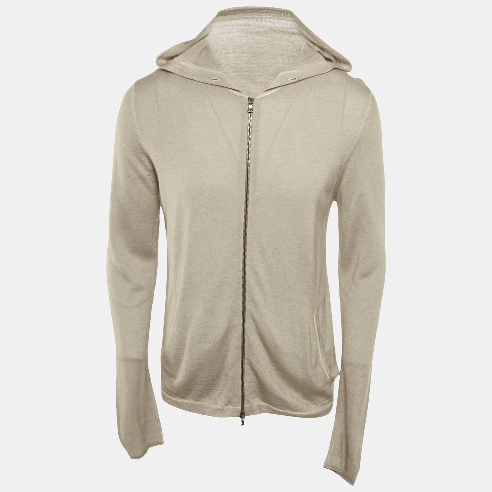 prada beige wool knit zip-up hooded jacket xl