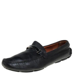luxury-men-prada-used-shoes-p459125-008.jpg prada black leather logo embellished loafers size 41
