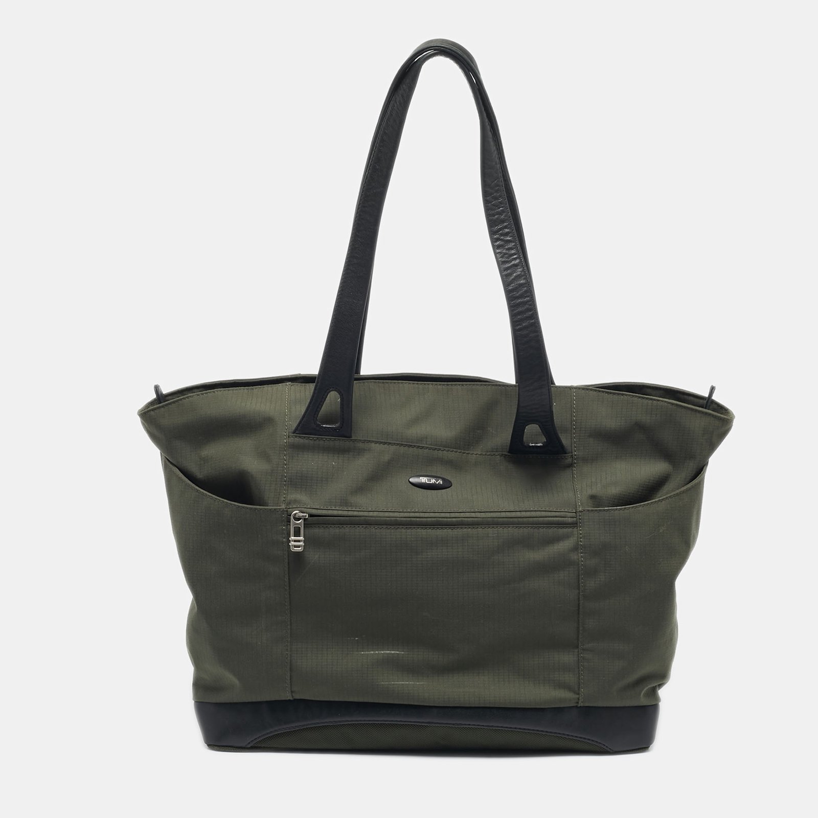 tumi military green/black nylon and leather weekender tote