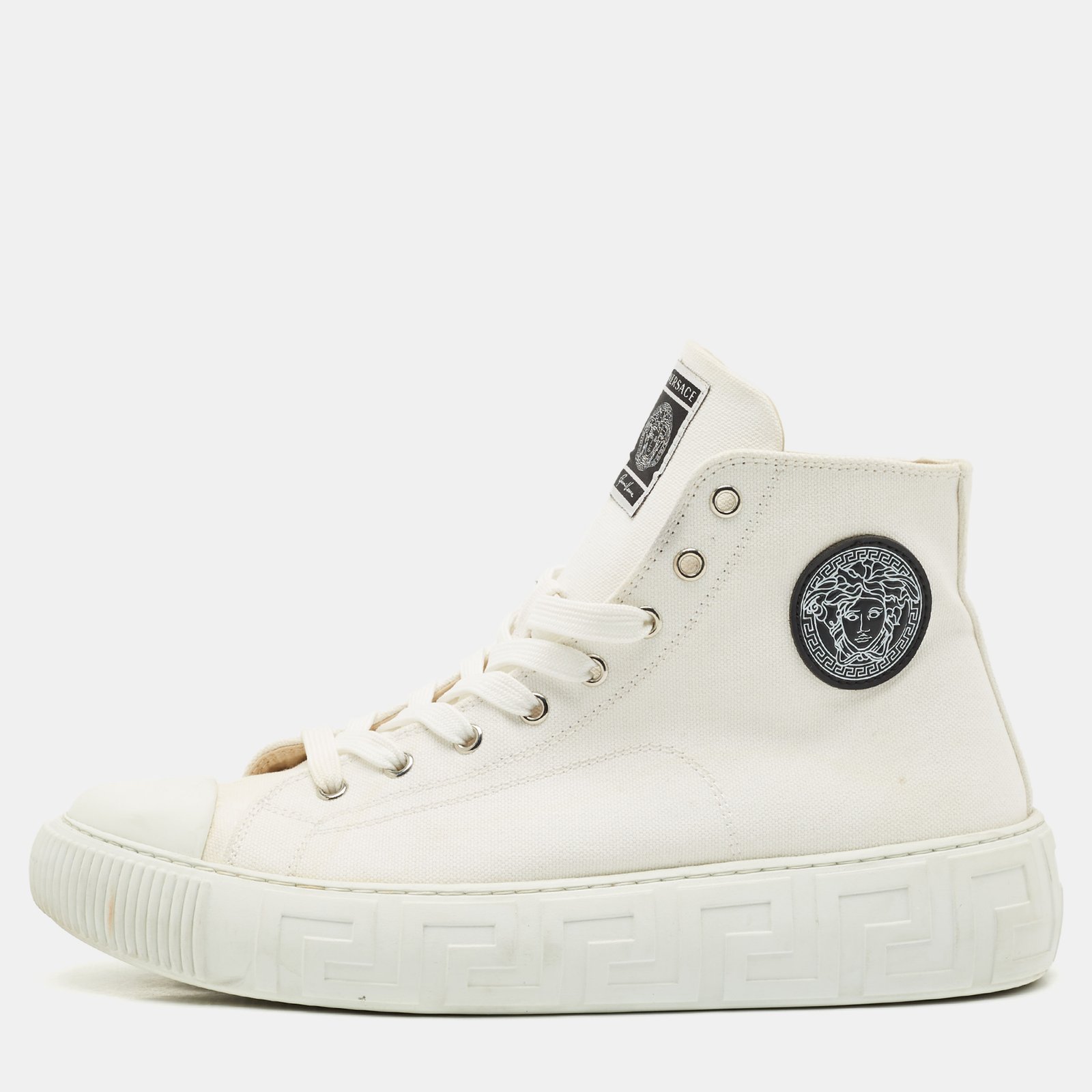 versace white canvas greca medusa logo patch high top sneakers size 42