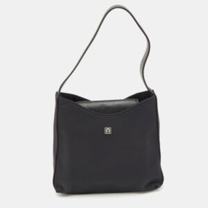 aigner black leather and nylon flap hobo
