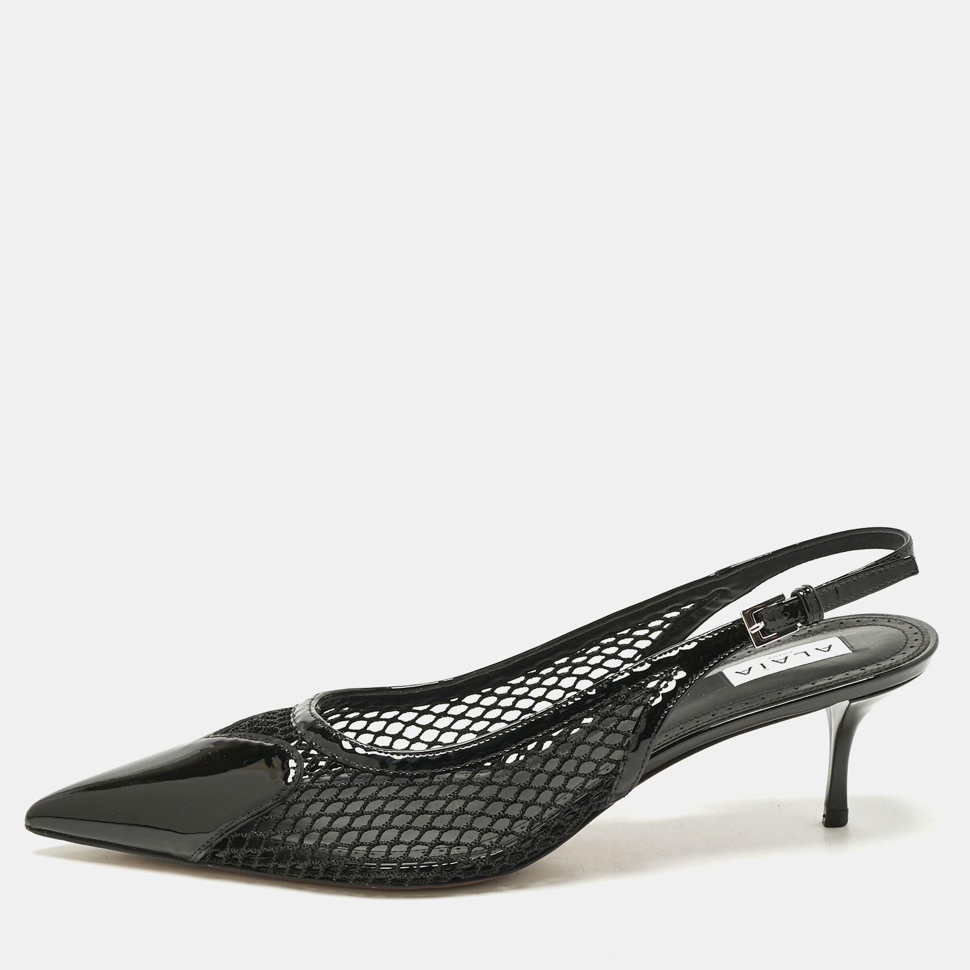 alaia black patent leather and mesh le coeur slingback pointed toe pumps size 41