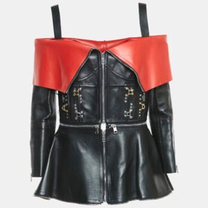 alexander mcqueen black/red leather zip front cold-shoulder top m