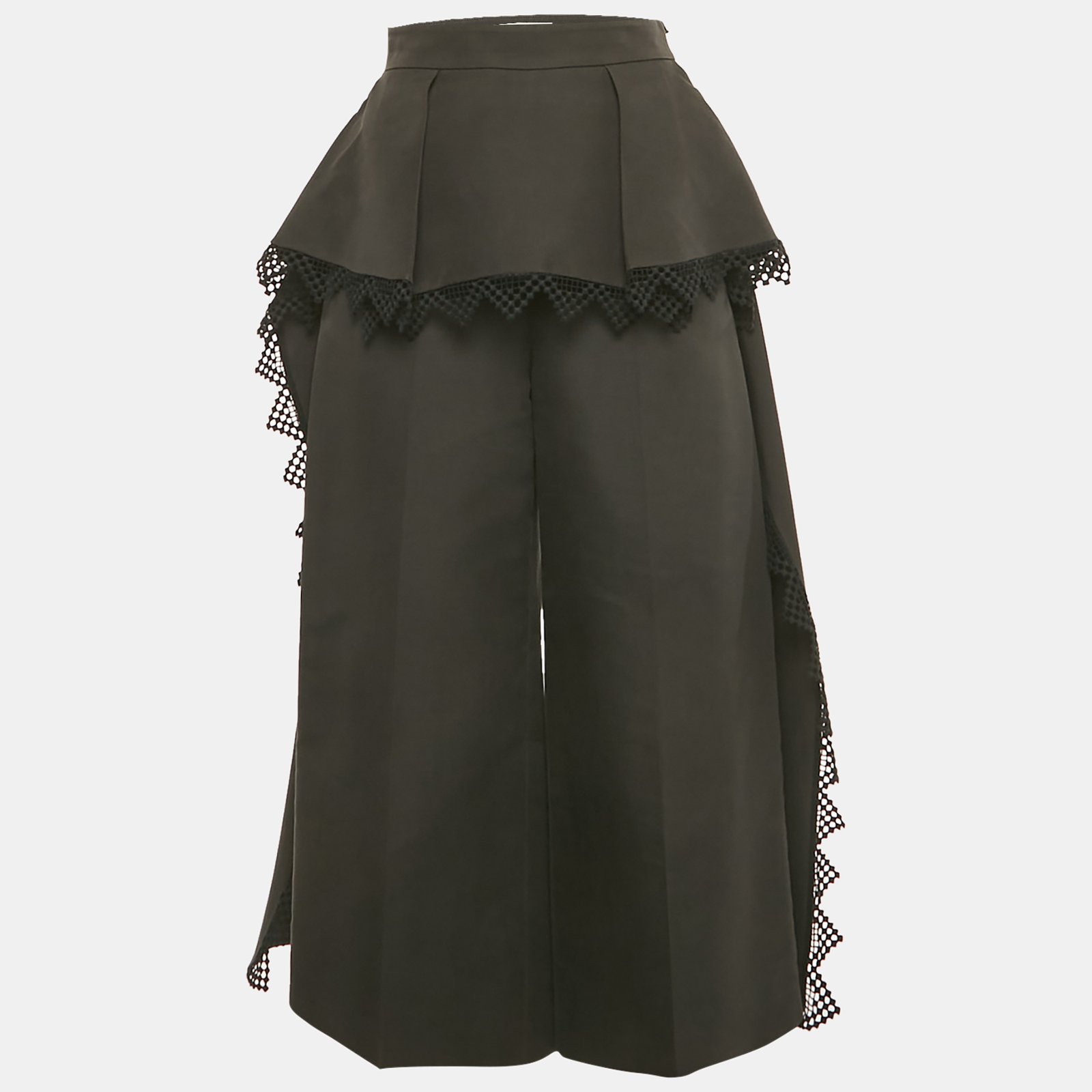 alexander mcqueen black cotton and silk lace trim wide leg trousers s