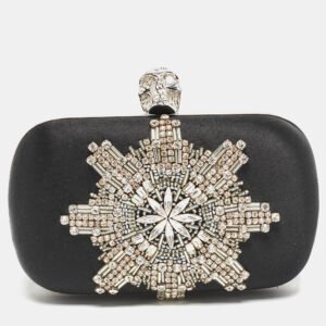 alexander mcqueen black satin crystals embellished skull clutch