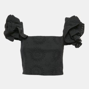 alice + olivia black broderie-anglaise tawny ruffled crop top s