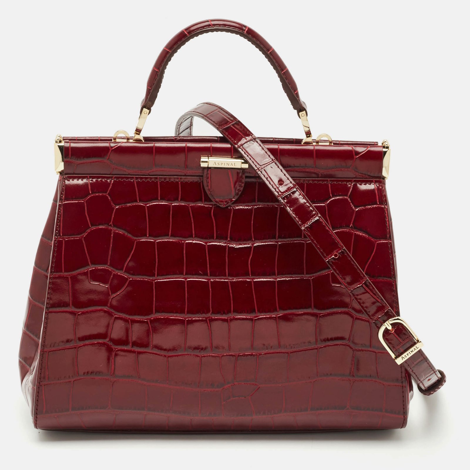 aspinal of london burgundy croc embossed leather top handle bag