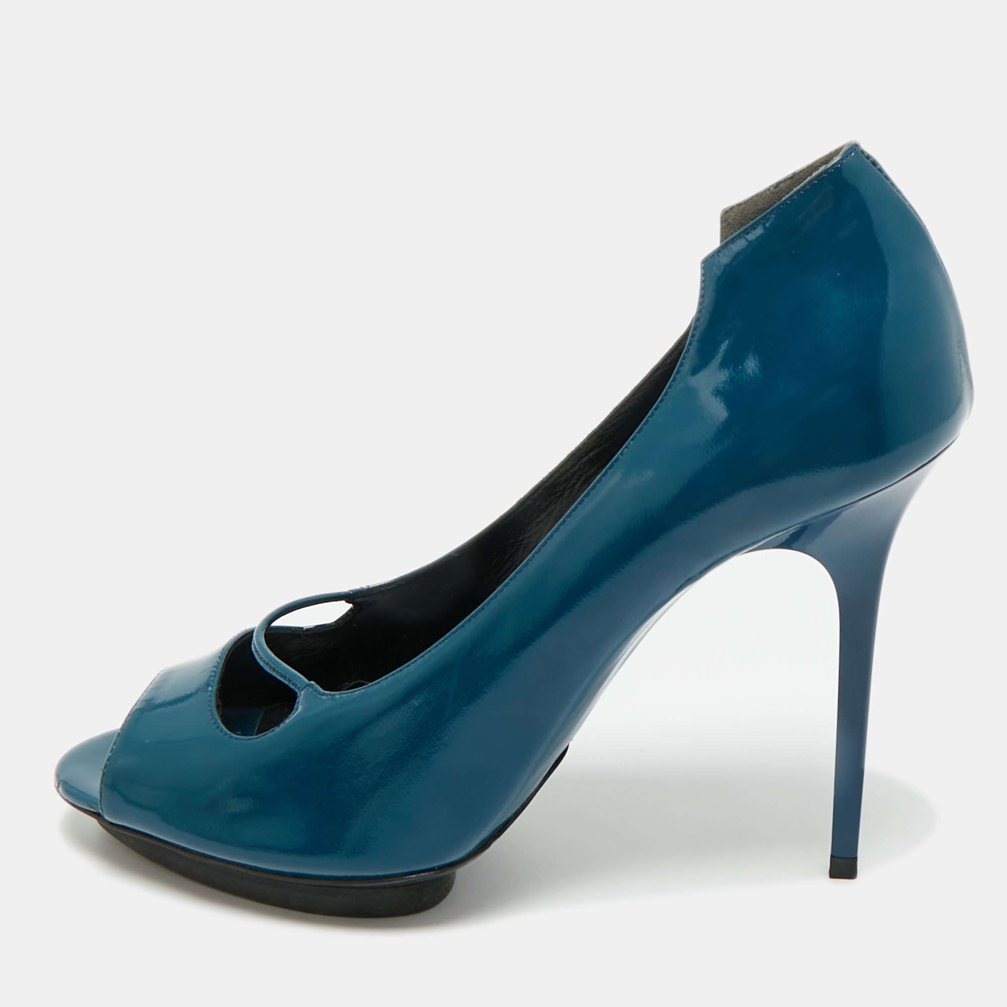 balenciaga peacock blue patent leather platform peep toe pumps size 39