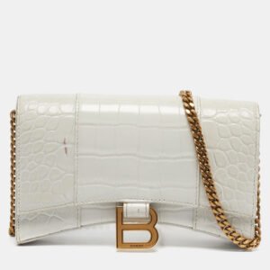 balenciaga white croc embossed leather hourglass wallet on chain