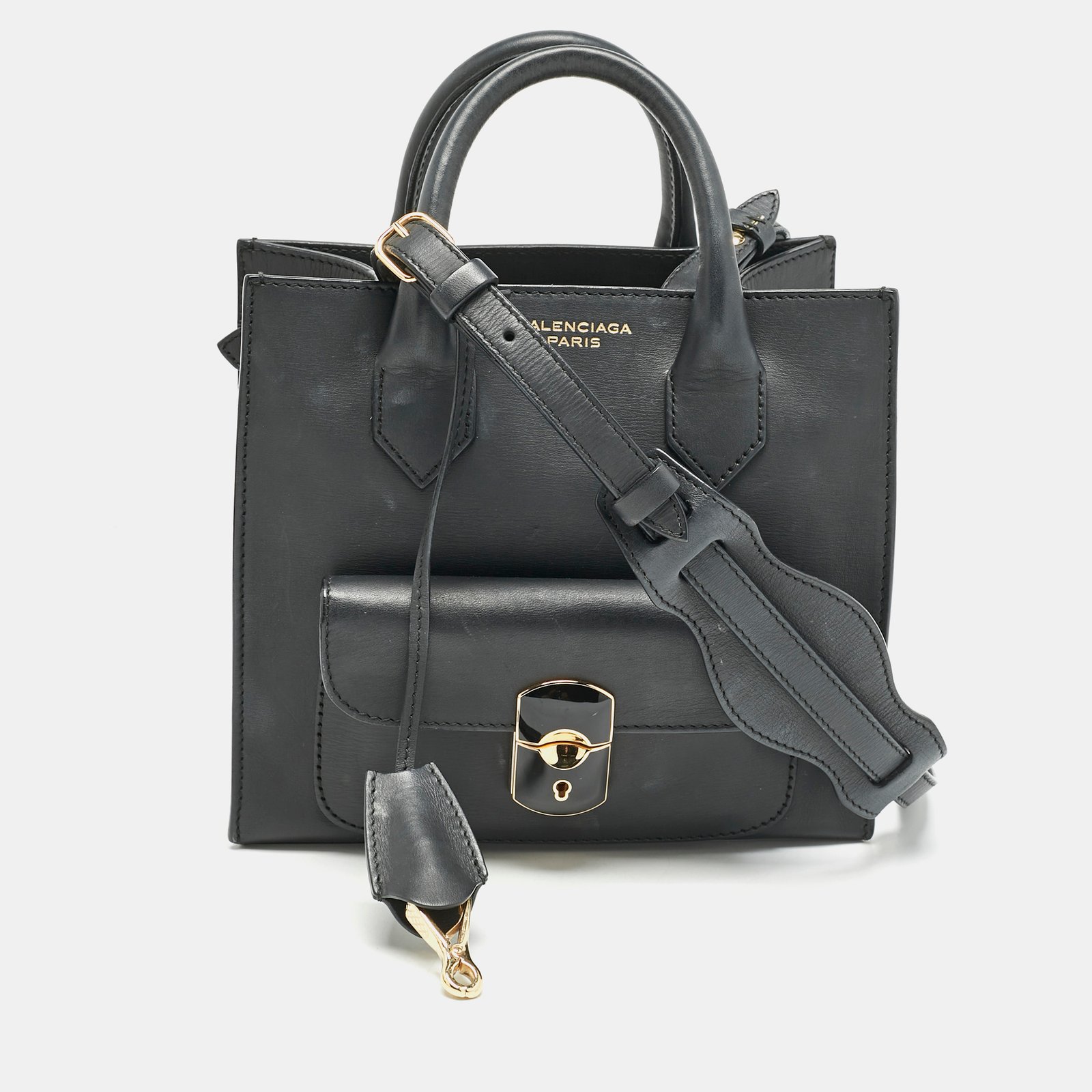 balenciaga black leather mini padlock all afternoon tote