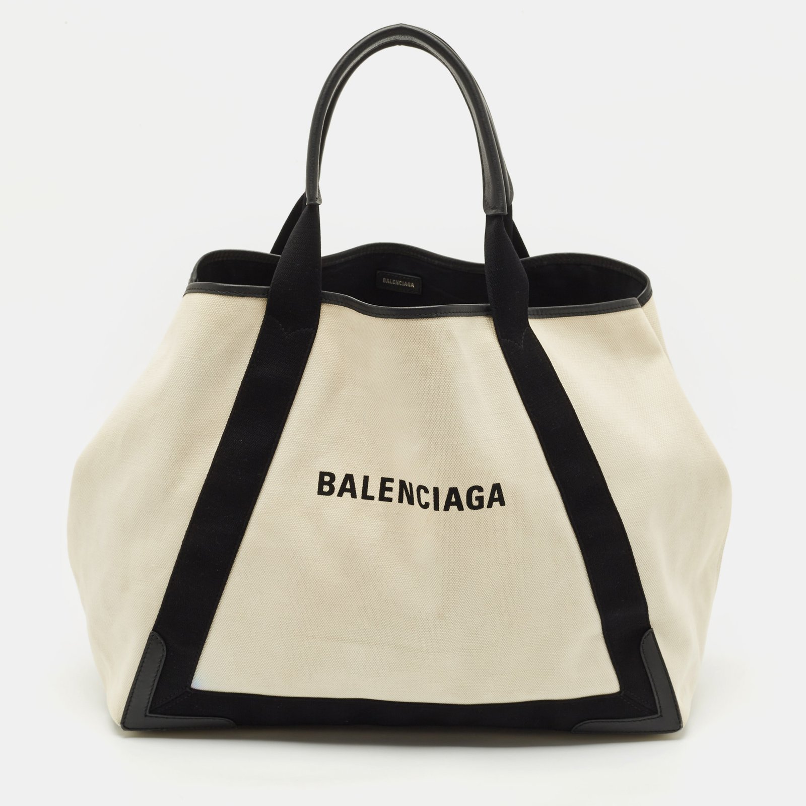 balenciaga black/off white canvas and leather large cabas tote