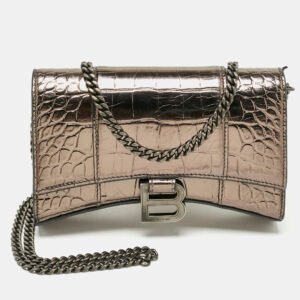 balenciaga metallic grey croc embossed leather hourglass wallet on chain