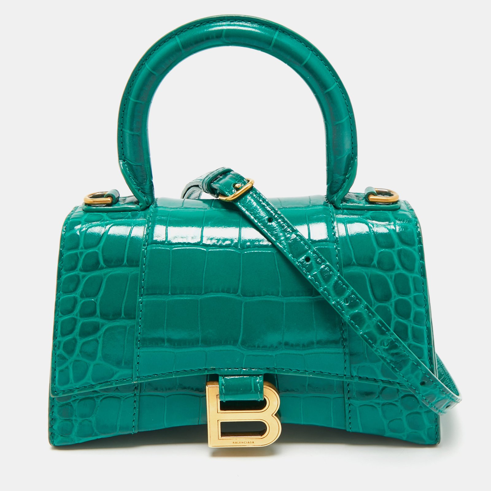balenciaga green croc embossed leather xs hourglass top handle bag