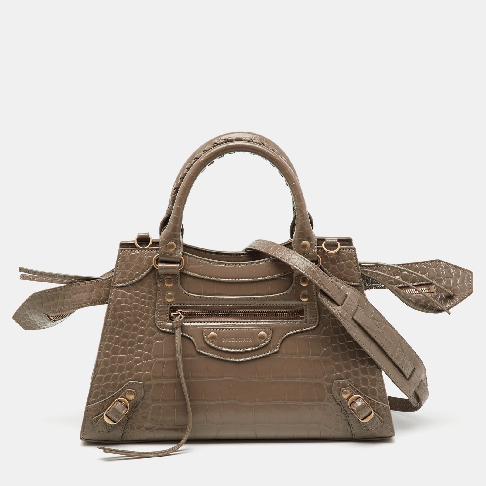 balenciaga beige croc embossed leather small neo classic city bag