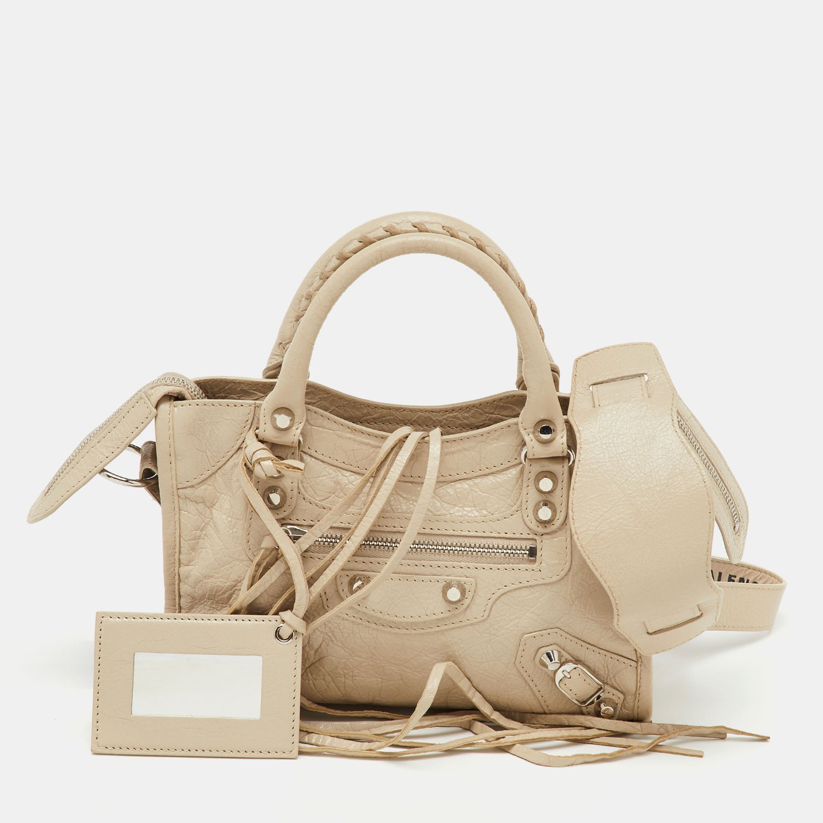 balenciaga beige leather mini metallic edge city bag