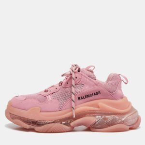 balenciaga pink mesh and nubuck leather triple s clear sole lace up sneakers size 39