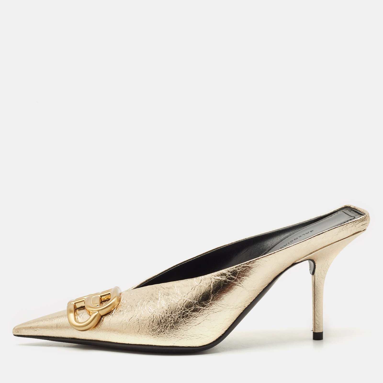 balenciaga gold leather bb knife mules size 35