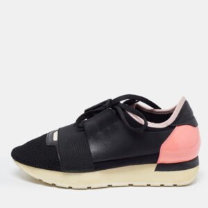 balenciaga black/pink leather and mesh race runner sneakers size 37