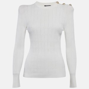balmain white textured pointelle knit crewneck sweatshirt s