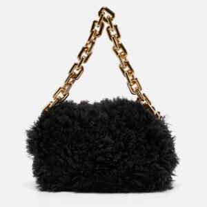 bottega veneta black shearling fur classic the pouch chain clutch
