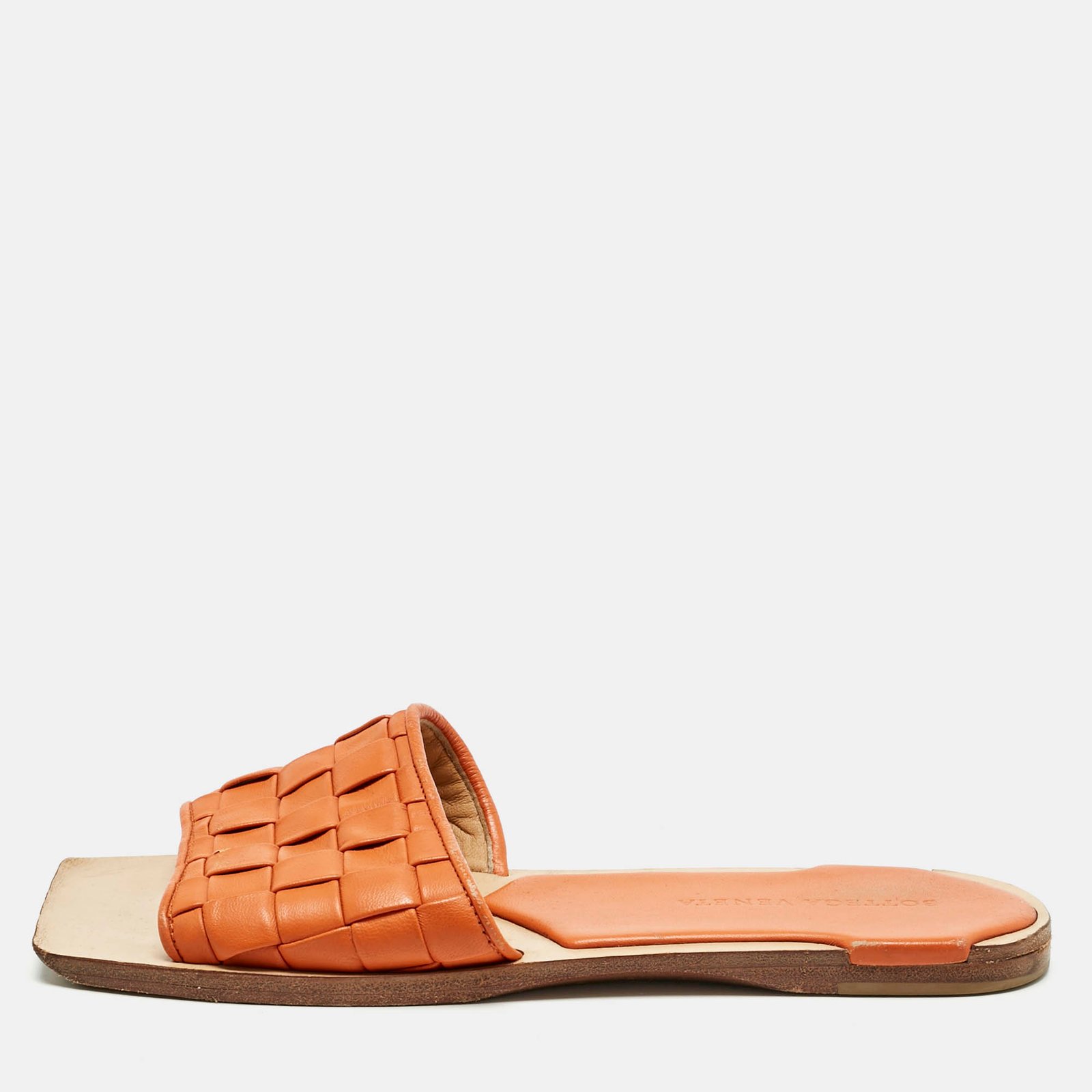 bottega veneta orange intrecciato leather flat slide sandals size 36
