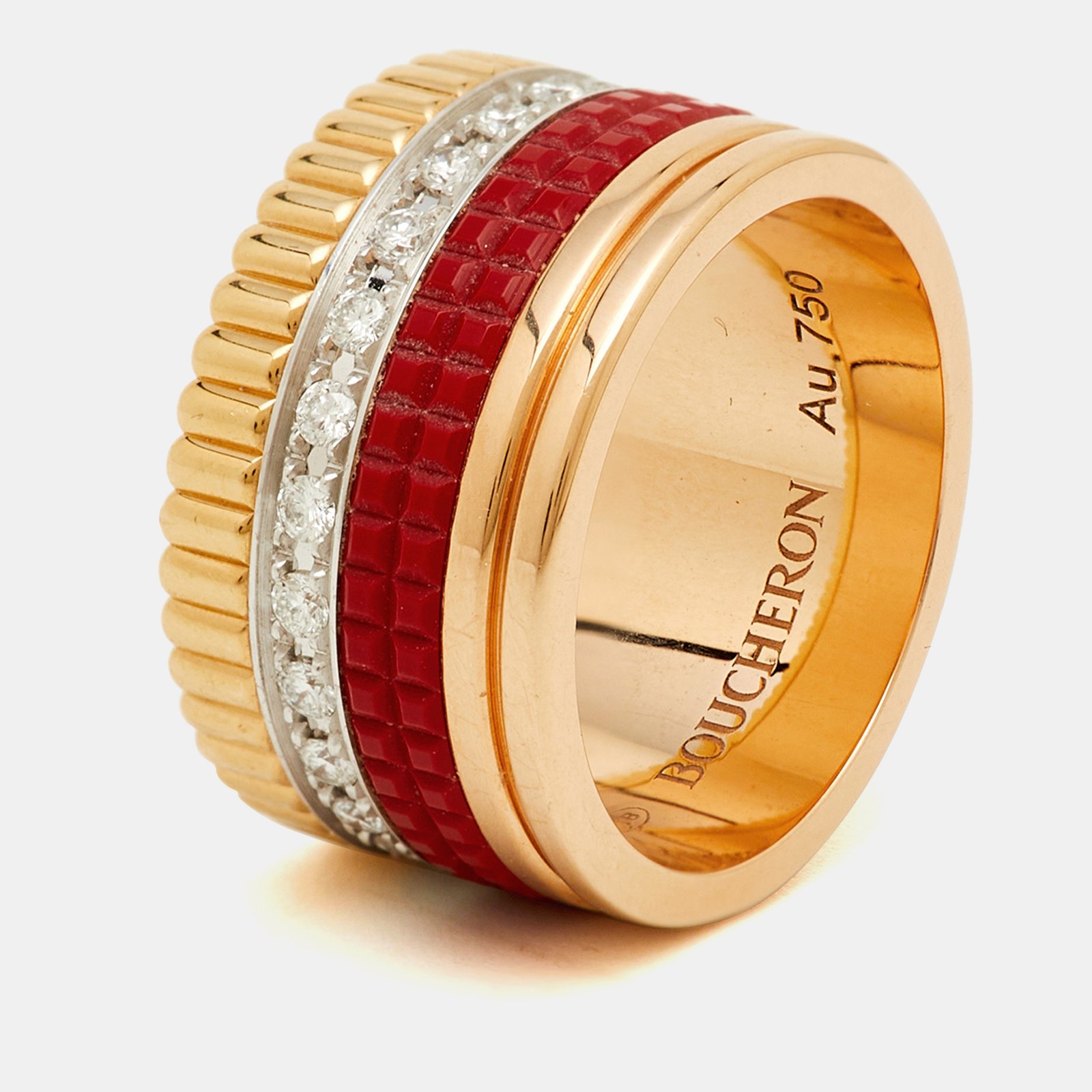 luxury-women-boucheron-used-fine-jewelry-p1207913-006.jpg boucheron quatre classique red edition ceramic diamonds 18k three tone gold ring size 52