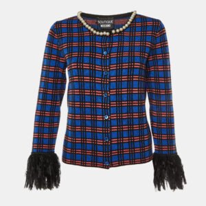 boutique moschino blue checked knit button front fringed cardigan m