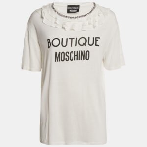 boutique moschino white logo print jersey crystal embellished and ruffled t-shirt m