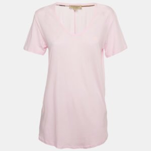 burberry pink logo embroidered cotton v-neck t-shirt l