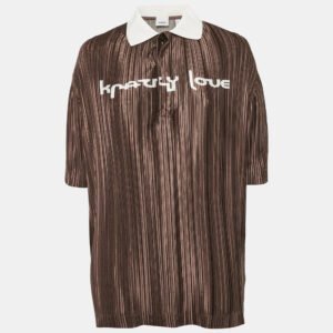 burberry brown printed plisse polo collar top xs