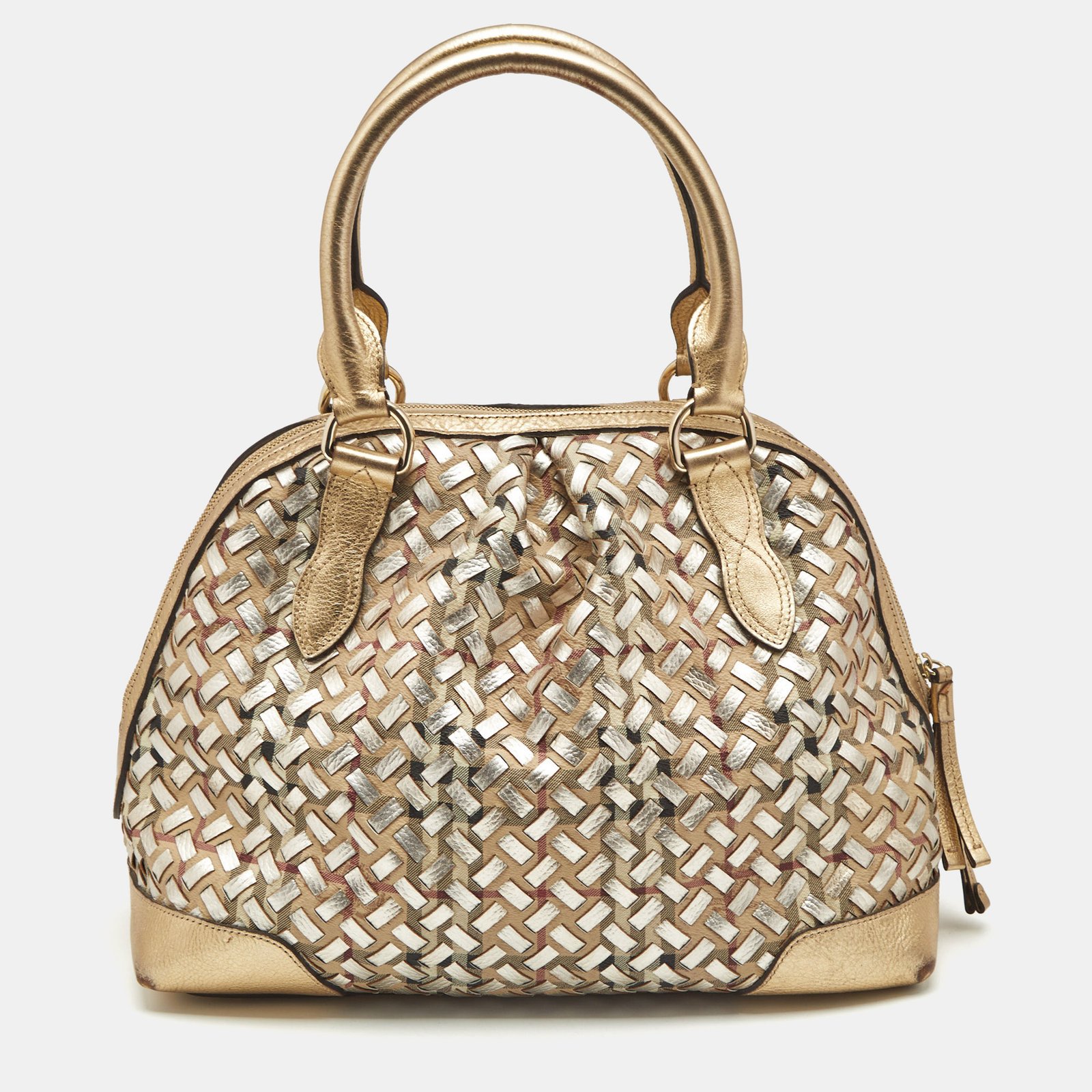 burberry gold/beige haymarket check pvc and woven leather thornley satchel