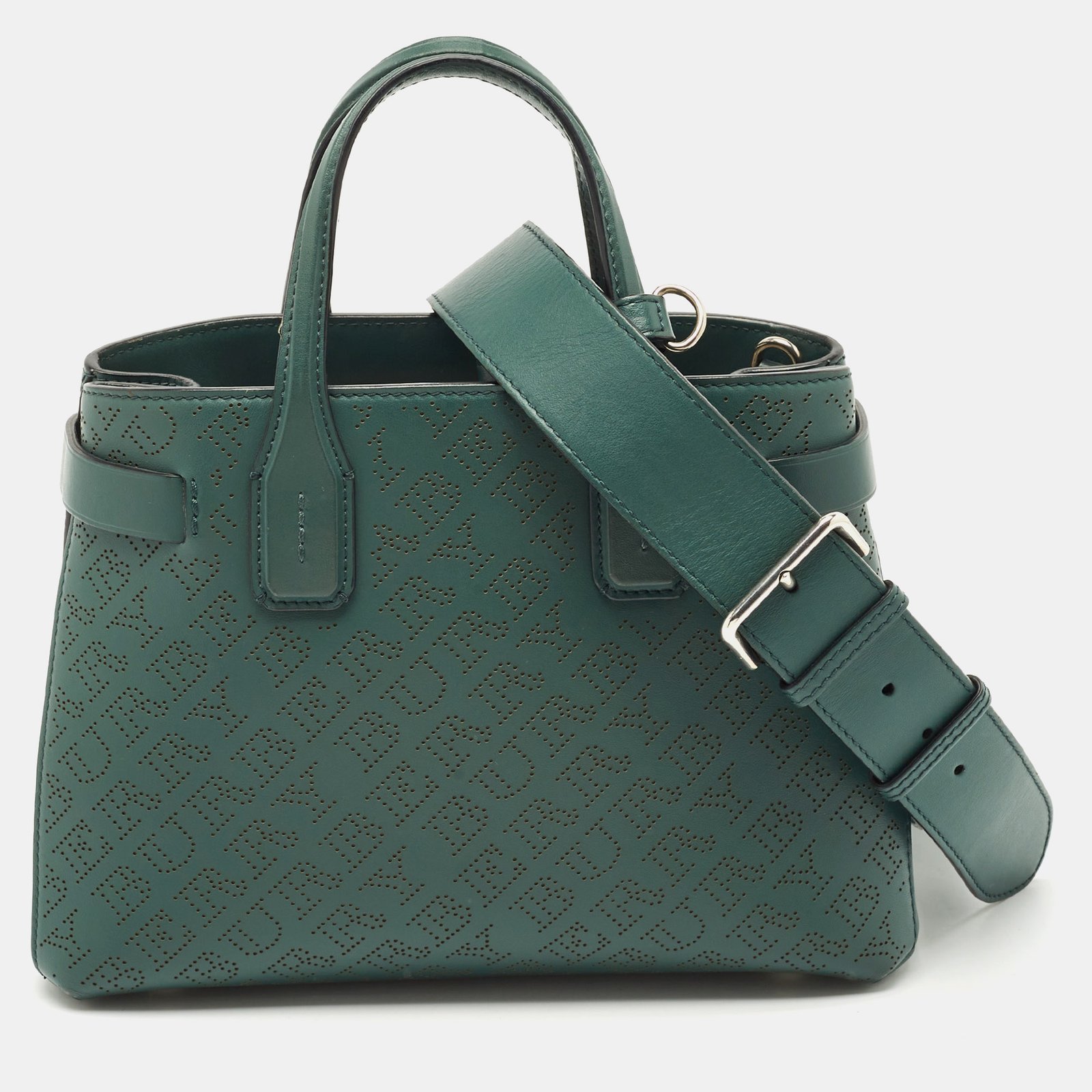 burberry green perforated leather small banner tote