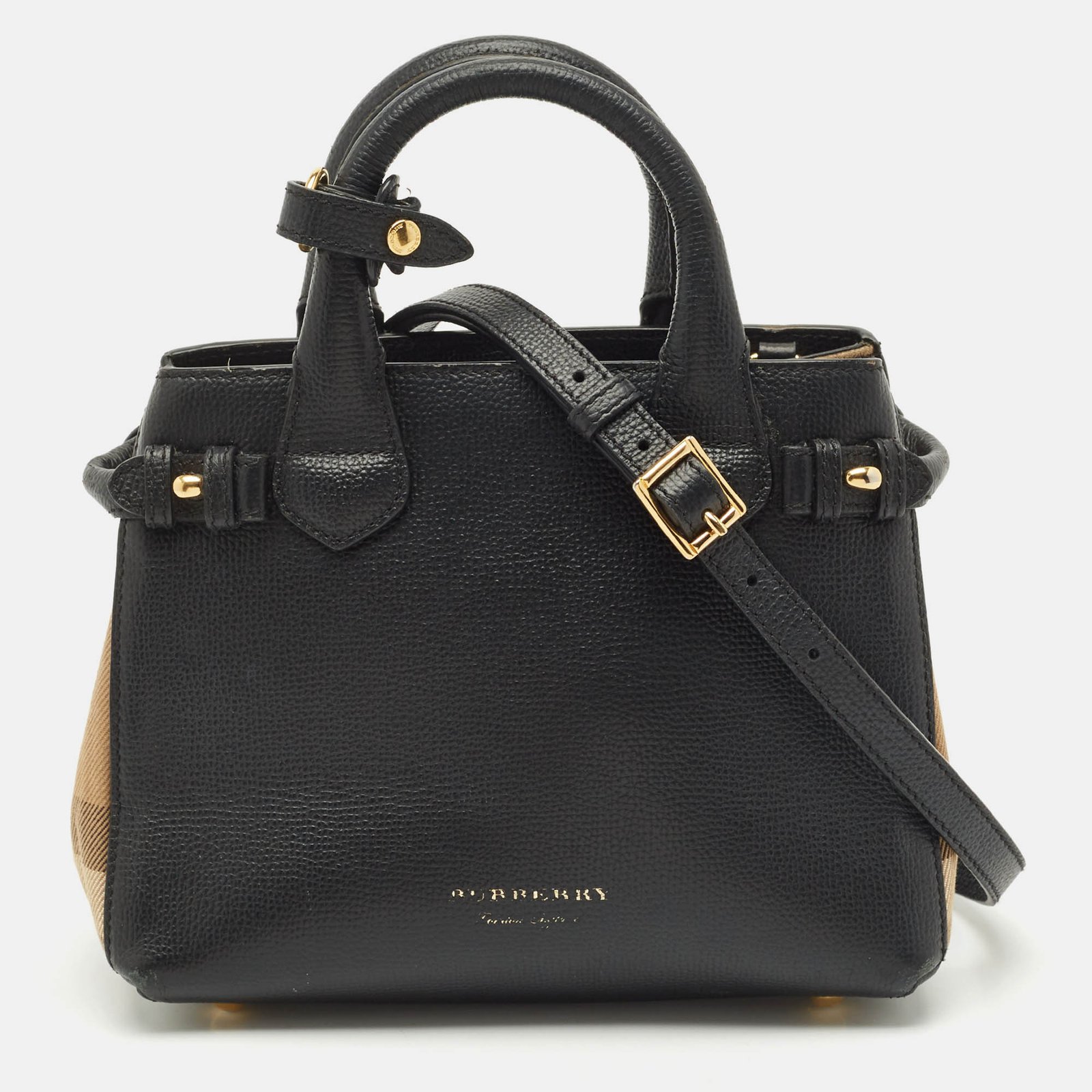 burberry black/beige leather and house check fabric mini banner tote